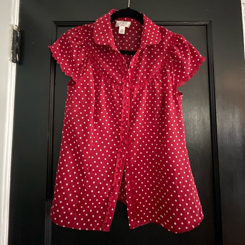 LOFT Red Blouse with White Polka Dots